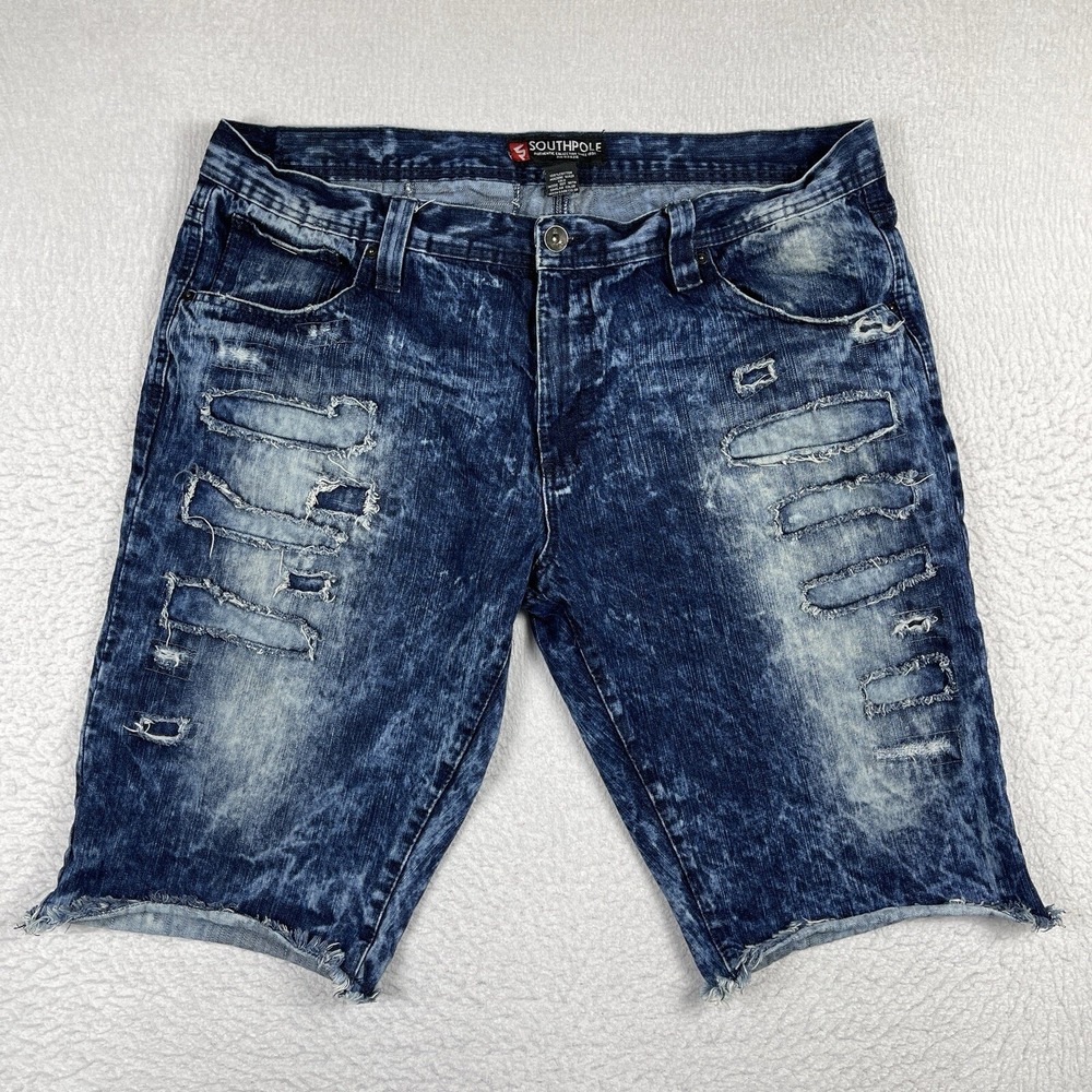 Southpole Denim Shorts Mens 40 Blue Acid Wash Distressed Raw Hem‎ Streetwear
